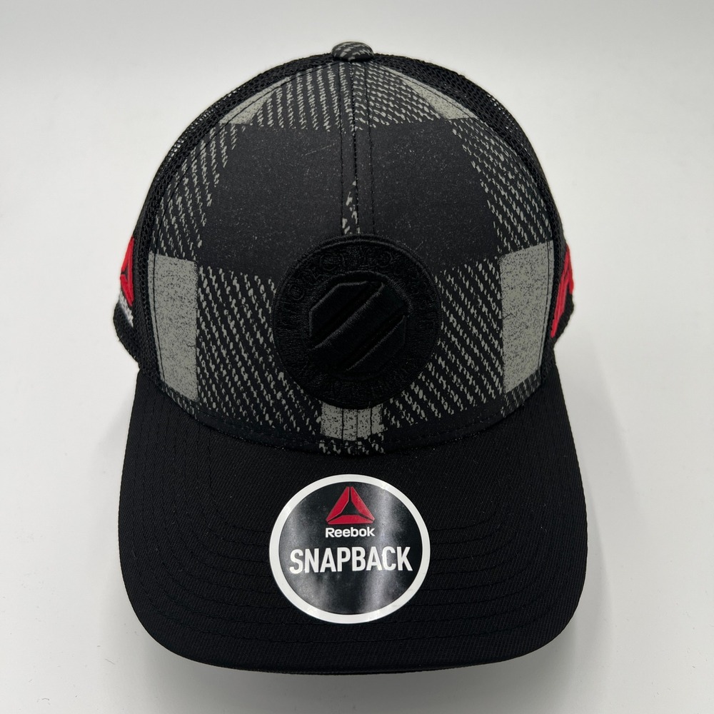 Reebok UFC Octagon Plaid Trucker Snapback Hat Black Grey Red NEW